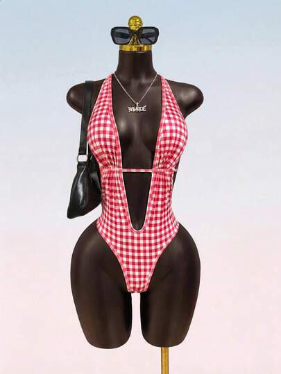 SaltGleam SaltGleam Mono de mujer con escote en V profundo y espalda descubierta a cuadros, súper suave y cómodo, de alta elasticidad, atuendo casual de playa para vacaciones, sexy, ropa de verano, atuendo de verano, atuendo de vacaciones de verano, ropa de verano para mujer, estilo de verano para mujer, atuendo de vacaciones para mujer, atuendo de vacaciones, ropa de vacaciones, atuendo de playa de vacaciones para mujer, mono corto a cuadros