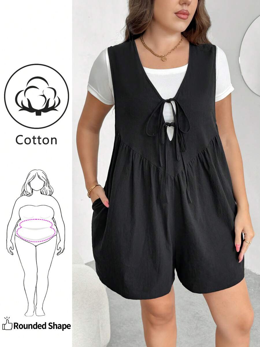 Enliva Bộ áo liền quần ống rộng cỡ lớn dành cho nữ, áo liền quần ngắn mùa hè, áo liền quần màu đen dáng rộng thoải mái cho kỳ nghỉ hè, có dây rút và túi phía trước; dáng rộng, phù hợp với dáng người quả táo. - màu đen - Xem 1