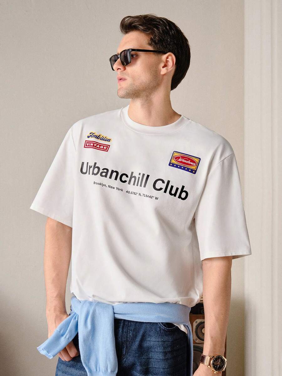 Manfinity 男士白色短款方形T恤，夏季 - 白色 - 查看 1