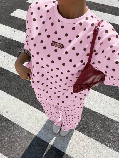 Muchica Plus Size Women Polka Dot Short Sleeve Top And Wide Leg Pants 2 Pieces Set, Casual Daily Wear