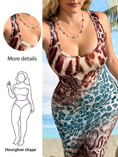 Hourglow Váy hai dây ôm sát in họa tiết da báo dành cho nữ cỡ lớn