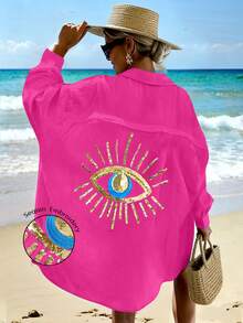 EMERY ROSE 2025 Plus Size Women Beaded Casual Shirt Dress Fall - Hot Pink - View 1