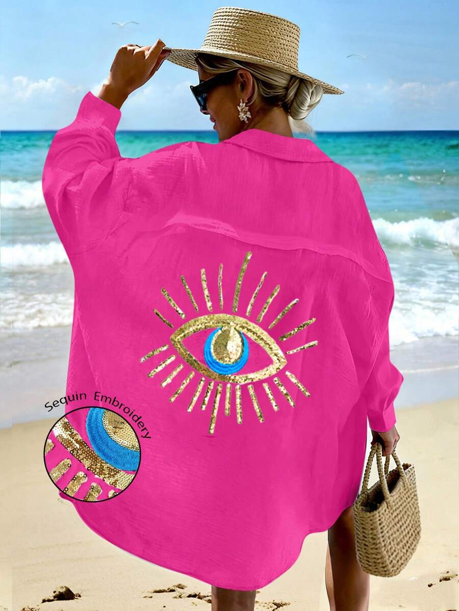 EMERY ROSE 2025 Plus Size Women Beaded Casual Shirt Dress Fall - Hot Pink - View 1