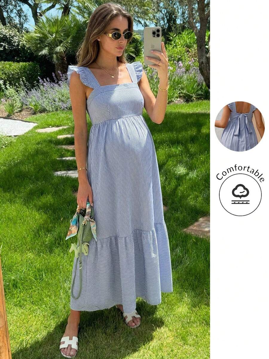 SHEIN Đầm bầu cổ vuông kẻ sọc viền bèo nhún kiểu dáng thường ngày - Màu xanh lam - Xem 1