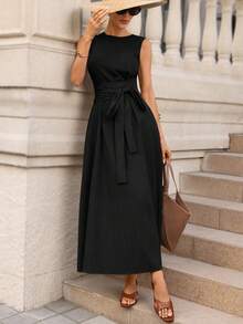 Editum 女士新款优雅束腰显瘦亚麻质感系带口袋连衣裙，适合日常通勤、教师、办公室穿着 - 黑色 - 查看 6