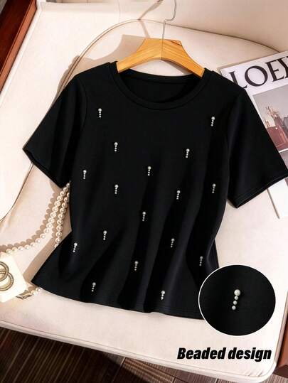 GlowEve CURVE Plus Size Solid Color Faux Pearl Design Loose Fit Short Sleeve T-Shirt