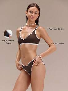 GLOWMODE 1PC Swim Collection Chlorine-Resistant Sandy Toes Sun-Protective Removable Cups Curved Hem Lining Bikini Top Swimming Beach Pool Summer Brown Sporty - Brown - View 2