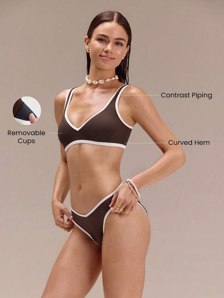 1PC Swim Collection Chlorine-Resistant Sandy Toes Sun-Protective Removable Cups Curved Hem Lining Contrast Piping Bikini Top Low Impact Swimming Beach Pool Holiday Vacation Summer Wear