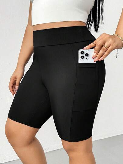 SHEIN Essnce Quần short nữ cỡ lớn thời trang xuân/hè, co giãn tốt, thoáng mát và thoải mái, màu đen, kiểu dáng cơ bản, đa năng, có túi, phong cách đơn giản, trang phục mùa hè, thời trang đường phố, quần ôm dáng, quần short mùa hè.