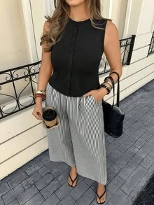 SHEIN Frenchy 大码女装时尚棕色条纹宽松长裤及棕色针织上衣套装，适合度假、通勤和日常休闲穿着。 - 黑色 - 查看 4