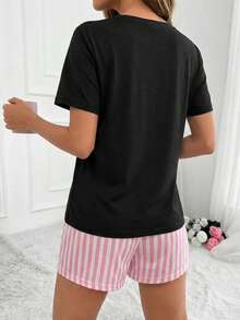 Cotton 2pcs Women Line Print Short And Slogan Print Top Homewear Pajama Set - Black - View 2