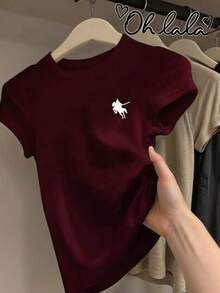 Basic T-Shirt, Round Neck, Short Sleeve, Printed, Made In Mexico - Vino - View 1