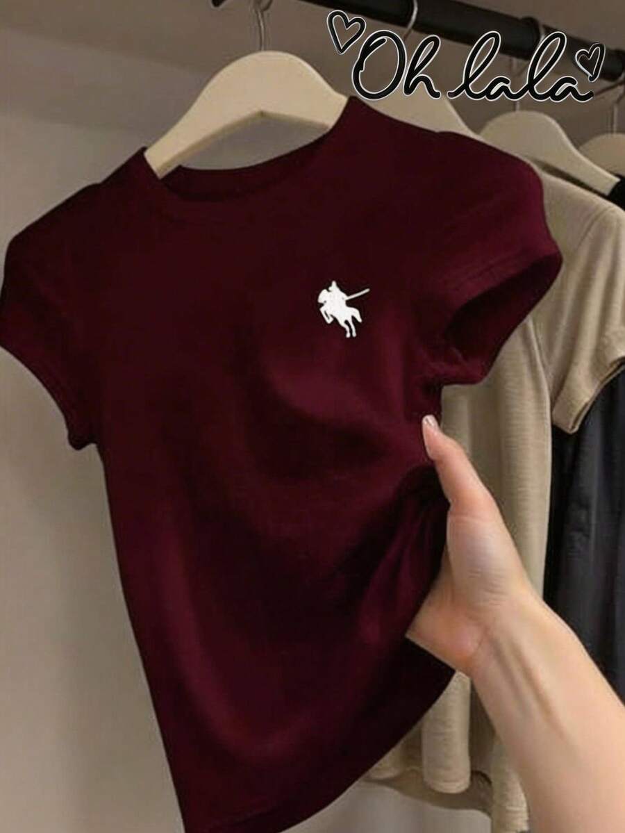 Basic T-Shirt, Round Neck, Short Sleeve, Printed, Made In Mexico - Vino - View 1