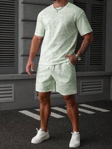 Manfinity CasualCool 男士几何印花短袖T恤和短裤休闲套装 - 薄荷綠 - 查看 3