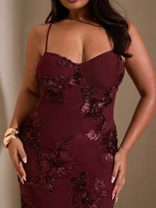 SHEIN BAE Plus Size Women Vintage Elegant Sexy Embroidered Mesh Dress, Autumn/Winter - Burgundy - View 5