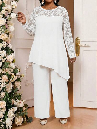 SHEIN Lady Bộ đồ 2 mảnh thanh lịch dành cho nữ cỡ lớn, gồm áo dài tay và quần dài phối ren tương phản, vạt áo bất đối xứng.
