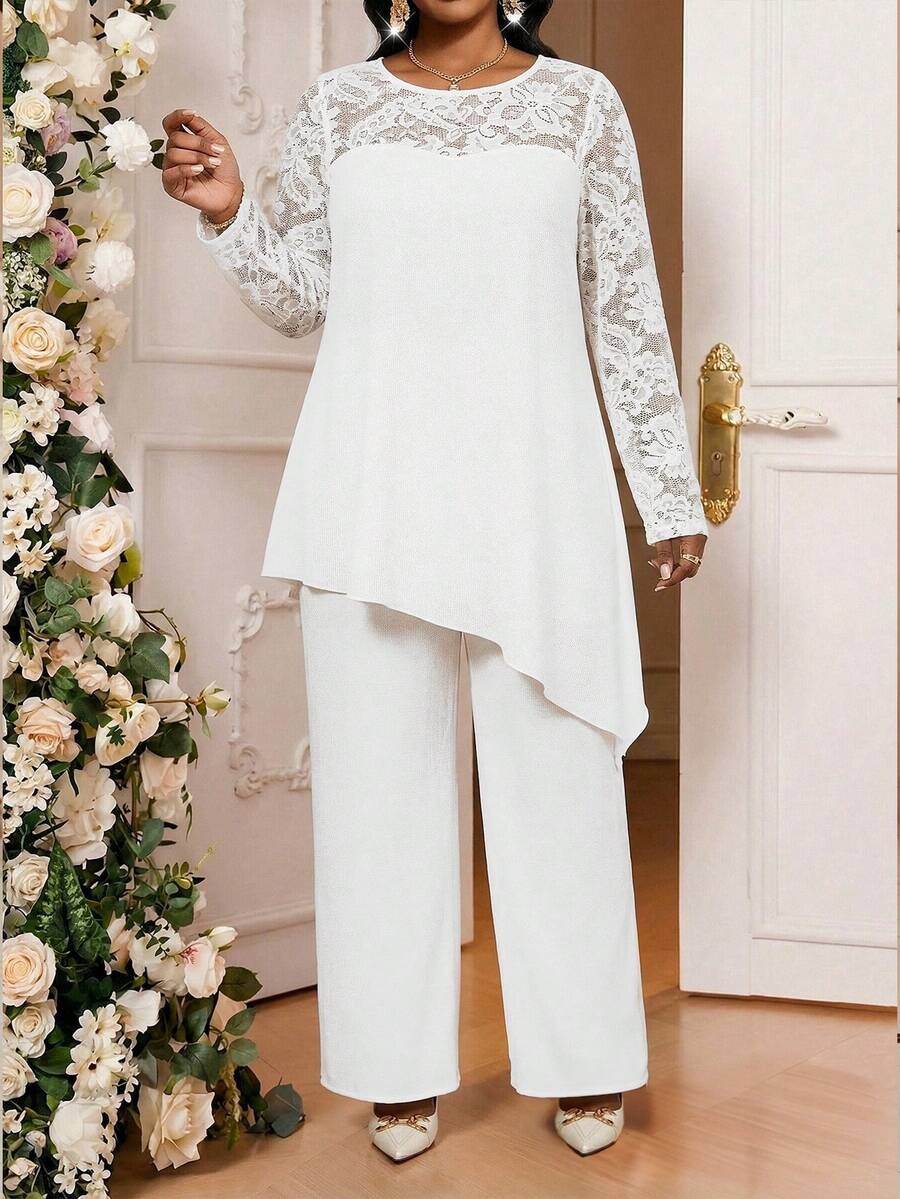 SHEIN Lady 大码女式撞色蕾丝不对称下摆长袖上衣和裤子优雅两件套 - 白色 - 查看 1