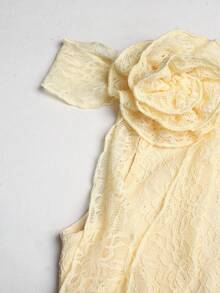 SHEIN Tween Girl French Ruffle 3D Floral Pale Yellow,Summer,Modest,Tea Party Sleeveless Fitted Short Dress,Elegant Asymmetric Princess Dress For Daily Wear - Yellow - View 8