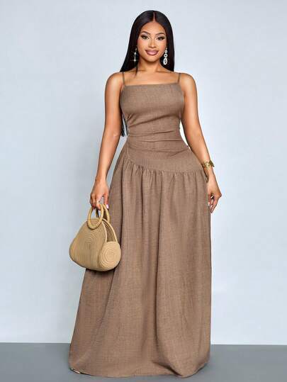 SOLERSUN Plus Size Women Solid Color Pleated Elegant Spaghetti Strap Dress