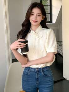 Dazy Star Women's Tie Front Stand-up Collar Puff Sleeve Shirt - White - View 2