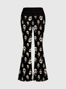 ROMWE Goth Máscara facial oscura de estilo gótico punk, pantalones acampanados con tirantes finos y múltiples pliegues en la cintura, conjunto de 2 piezas para mujer - Negro - Ver 7