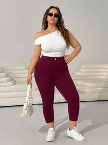 Solflare Plus Size Stretch Tight Versatile Cropped Pants Autumn Vacation Burgundy - Burgundy - View 4