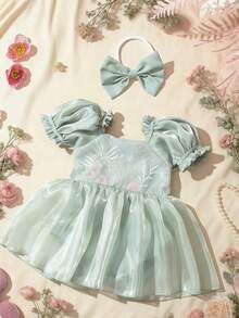 SHEIN Vestido de mono para recién nacido de 0-3 meses, con lentejuelas brillantes, color verde, conjunto de verano con diadema de lazo para sesión de fotos de bebé niña, accesorios de fotografía para bebé niña - Multicolor - Ver 3