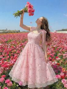 SHEIN MOD 女士花卉刺绣拼接网纱吊带连衣裙，夏季连衣裙，春假装扮，情人节连衣裙，婚礼宾客连衣裙，生日连衣裙，优雅连衣裙，粉色连衣裙，度假装扮，浪漫连衣裙，粉色茶会连衣裙，优雅粉色连衣裙，花园派对正式连衣裙，粉色度假连衣裙 - 粉色 - 查看 7