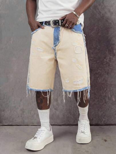 RHETRK 加大码男士夏季休闲撞色破洞宽松牛仔短裤