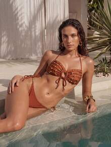 SHEIN Swim Chicsea Bộ đồ bơi đính hạt dành cho nữ, thích hợp cho kỳ nghỉ và đi biển. - Màu nâu  Mocha - Xem 5