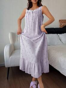 Napfluff Ruffled Hem Striped Bow Print Sleeveless Cute Women's Nightgown In Deep Purple - Purple - View 4