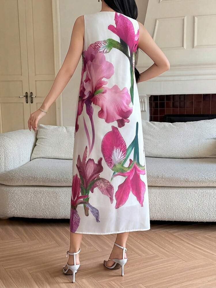 Women's Elegant Floral Print Round Neck Sleeveless Mid-Length Dress, Summer Sun Dresses For Women