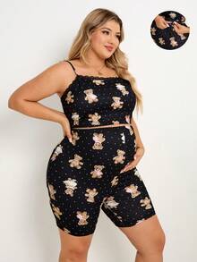 Plussiva 2件套孕妇加大码波点小熊印花蕾丝边吊带背心和可调节腰围短裤 - 彩色 - 查看 1