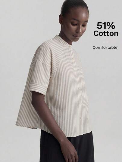 Ontre Women's Blush Striped Fabric Comfortable Fit Small Stand Collar Raglan Sleeve Short Petal Sleeve Fashion Basic Style Modern Urban Casual Business Formal Office Wear Low-Key Vintage Elegant Quality Commuter Airport Apparel High-Quality Material Ladies Shirt All-Season Versatile Modern Urban Fashion Business Casual Women's Wear Office Attire Understated Old-Money Style, Elegant And Sophisticated, High-Quality Commuter And Airport Clothes Multicolored Stripes