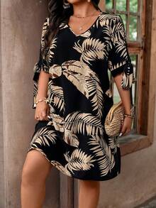 Breezaya Plus Size Women Boho V-Neck Feather Cuff Tie Waist Vacation Dress, For Summer - Multicolor - View 5