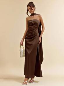 SHEIN BAE Đầm maxi satin màu xanh lá cây gợi cảm, cổ yếm, thắt nơ, xẻ tà cao, kiểu đuôi cá, thích hợp làm đầm phù dâu, đầm satin, đầm gợi cảm, trang phục dự tiệc cưới, mùa xuân/hè. - Cà phê nâu - Xem 5