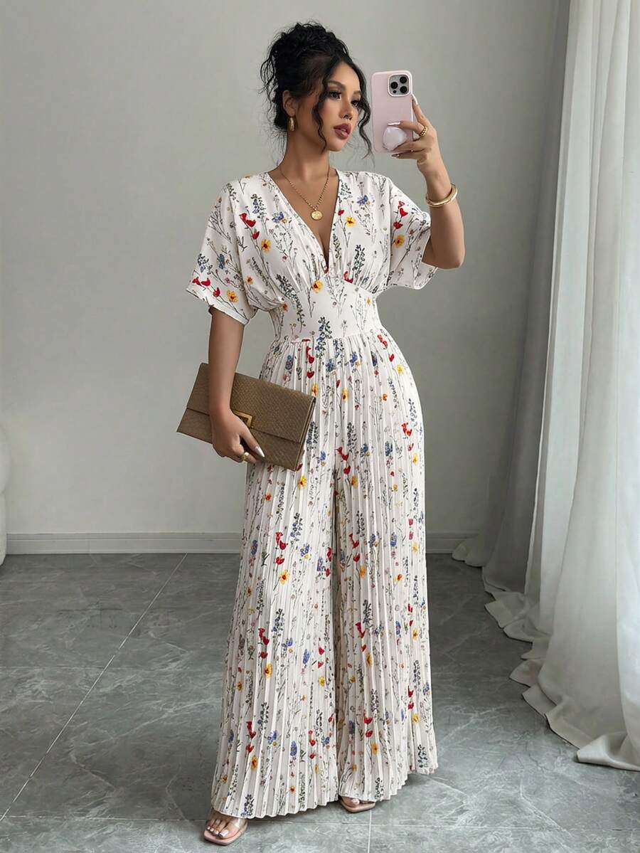 Elenzga Printed Deep V-Neck Batwing Sleeve Pleated Elegant Women Jumpsuit - Beige - View 1