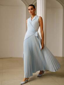 ZEYLAH Asymmetric Pleated Collar Dress, Spring/Summer - Blue - View 7