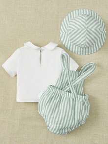 SHEIN 3pcs Newborn Baby Casual Simple Short Sleeve Top And Striped Button Pocket Romper + Hat Set - Mint Green - View 3