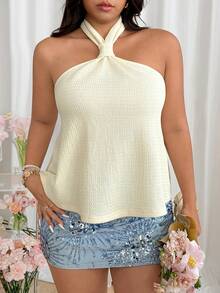Muchica Summer Brown Knit Halter Backless Blouse,Smart Casual Versatile Plus Size Top For Holiday,Daily Wear,Party Gym,Commute,Wedding,Vacation Streetwear - Apricot - View 3