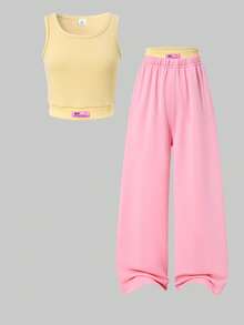 2pcs/Set Girls' Letter Embroidered Vest Top And Wide Leg Sweatpants,Pink Summer Casual Gym Sports & Casual Style For Vacation Gatherings - Yellow - View 4