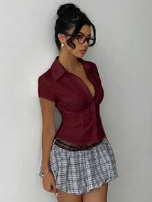 Aloruh Women's Elegant Burgundy Short Sleeve Pleated Waist Shirt, Minimalist Versatile For Commute, Daily Wear, Office, Spring/Summer - Burgundy - View 4