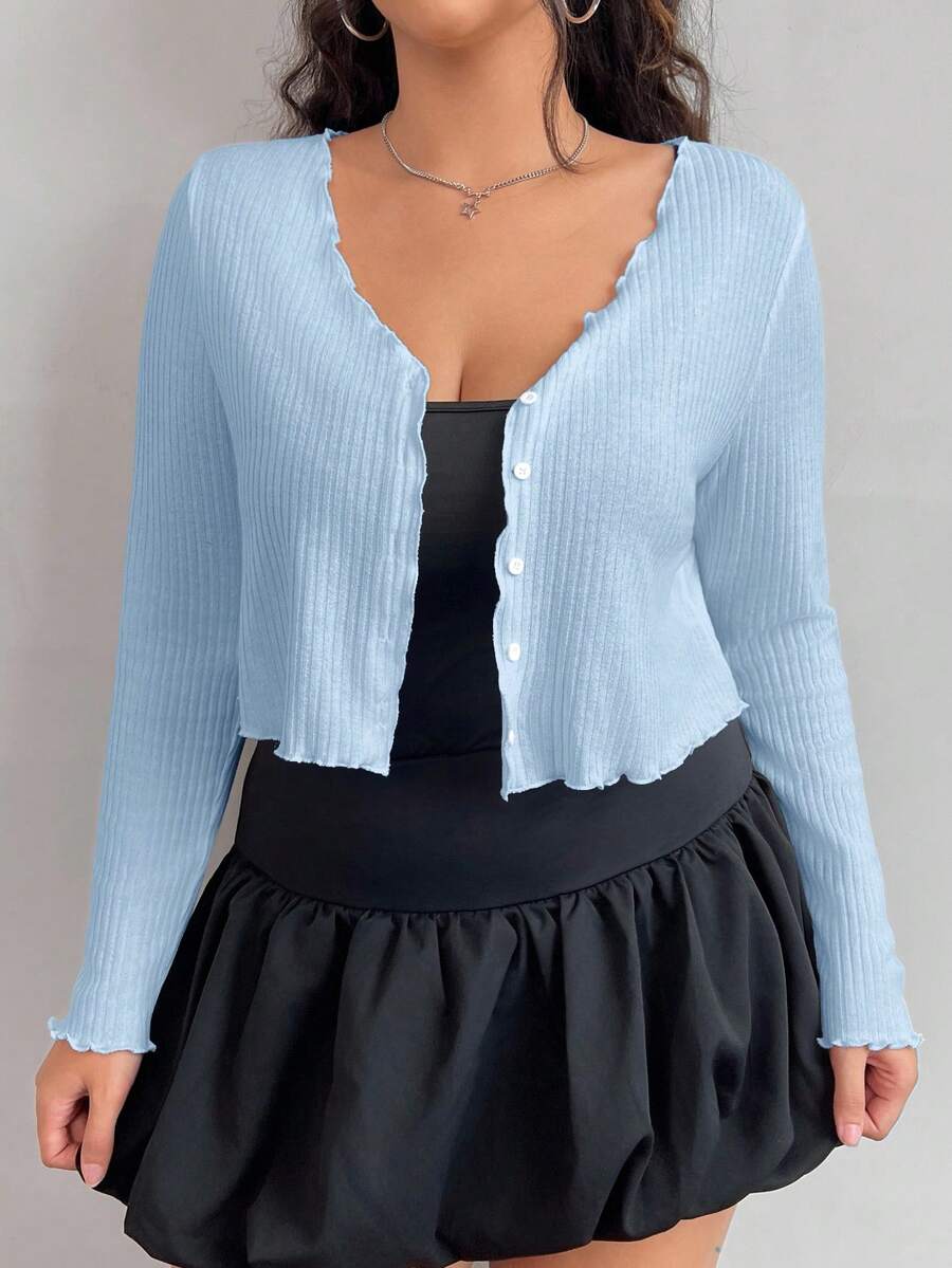 SHEIN EZwear Chemise à manches longues rose à simple boutonnage pour femmes grandes tailles - Bleu azur - Voir 1