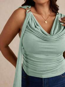 Elaquor Plus Size Women Solid Color Ruched Neck Casual Blouse - Mint Green - View 7