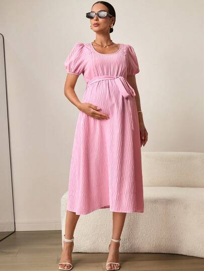 MaterniWear 孕妇夏季休闲度假纯色纹理面料泡泡袖系带腰部哺乳连衣裙