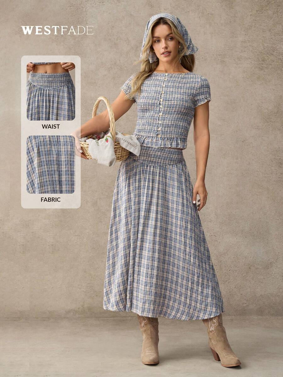 WESTFADE Embroidered Plaid Smocked Waist Convertible Midi Skirt And Dress