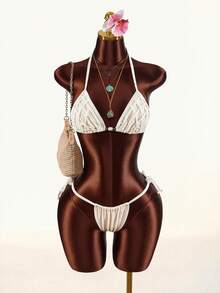 Amplova Bộ đồ hai mảnh kiểu Bohemian dành cho nữ, gồm áo lót tam giác, đính cườm và thêu, màu xanh lá cây, gợi cảm và phá cách. - Màu be - Xem 4