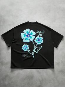 PAVTROS 男士街头风潮流蓝色花卉压纹印花T恤，适合户外音乐节、休闲外出、送给男友/丈夫的礼物、周年纪念礼物，黑色 - 黑色 - 查看 2