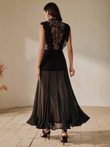 Anewsta Women's Spring/Summer New Arrival Elegant Romantic Lace Sleeveless Fitted Patchwork Ruffle Hem Dress - Black - View 3