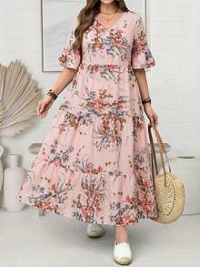 EMERY ROSE Gaun Lengan Ruffle Motif Bunga Ukuran Plus untuk Santai, Pakaian Musim Semi untuk Wanita, Pakaian Liburan Tropis Wanita Musim Gugur - Dusty Pink - View 5